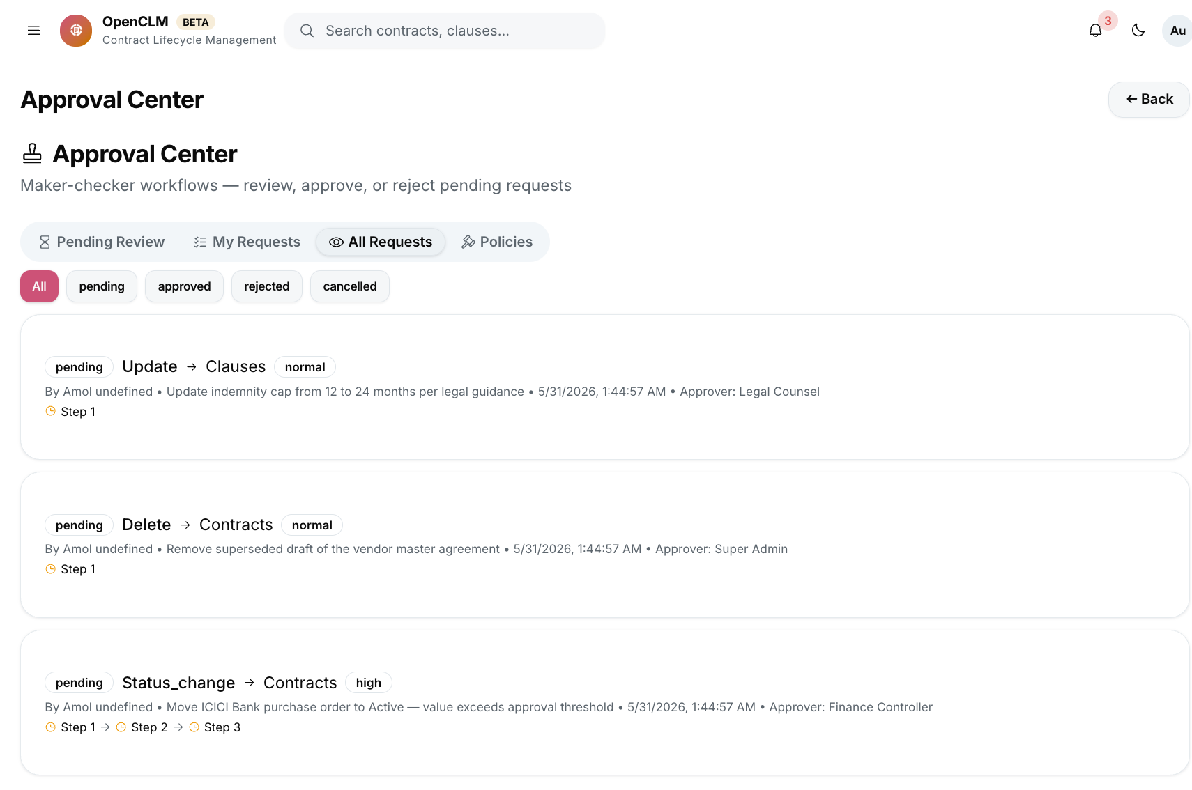 The Approval Center showing maker-checker requests awaiting review with multi-step progress