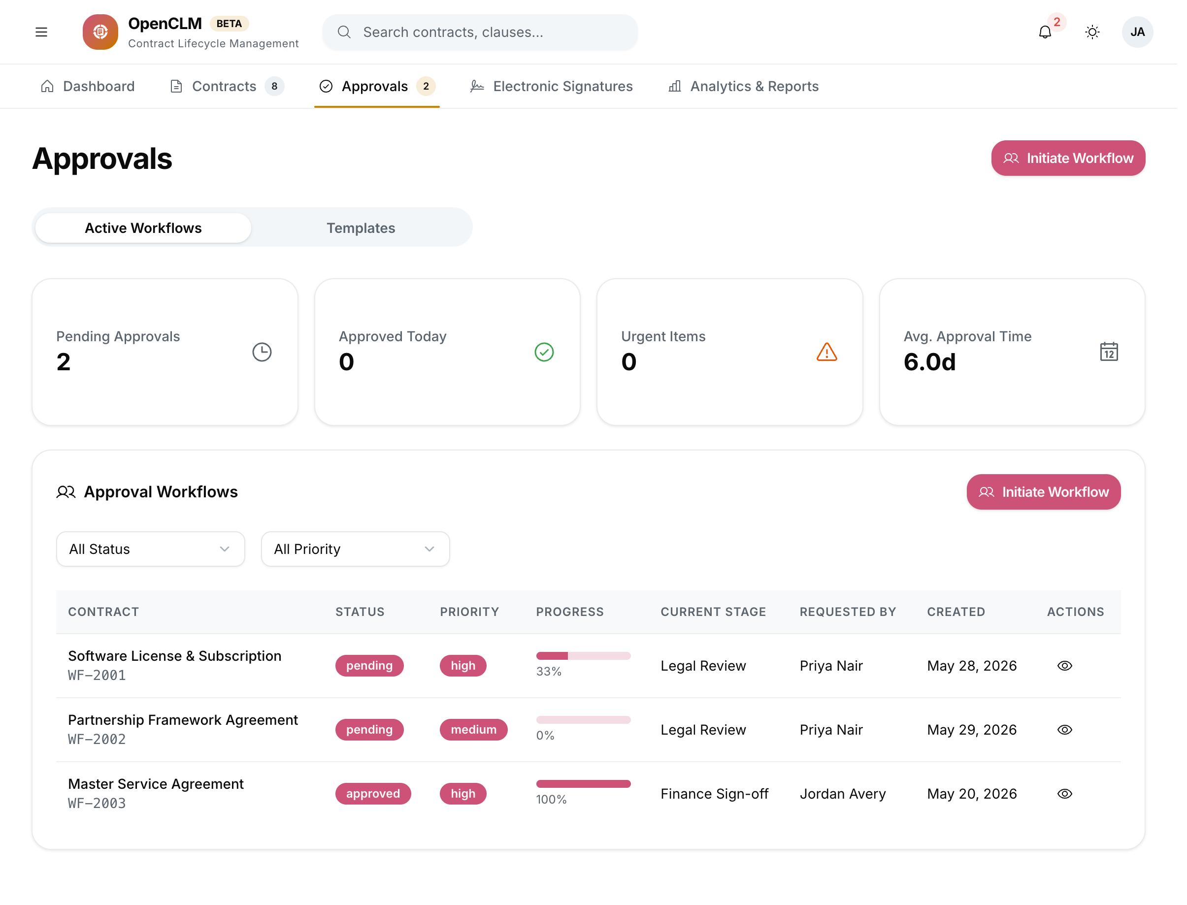 The Approvals view showing pending workflow requests and approval status