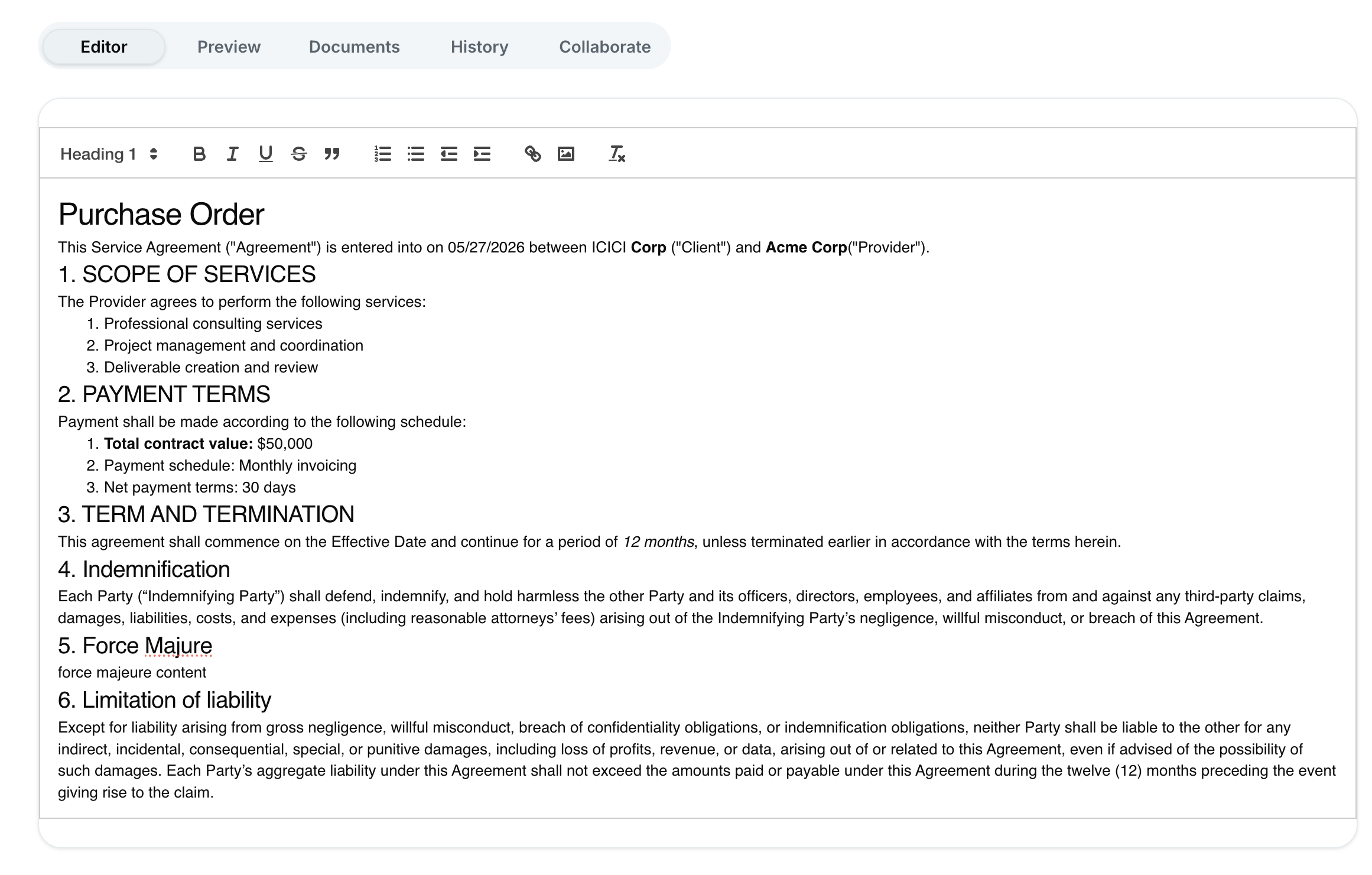 The OpenCLM rich text editor showing a contract being drafted with formatting toolbar and clause tools
