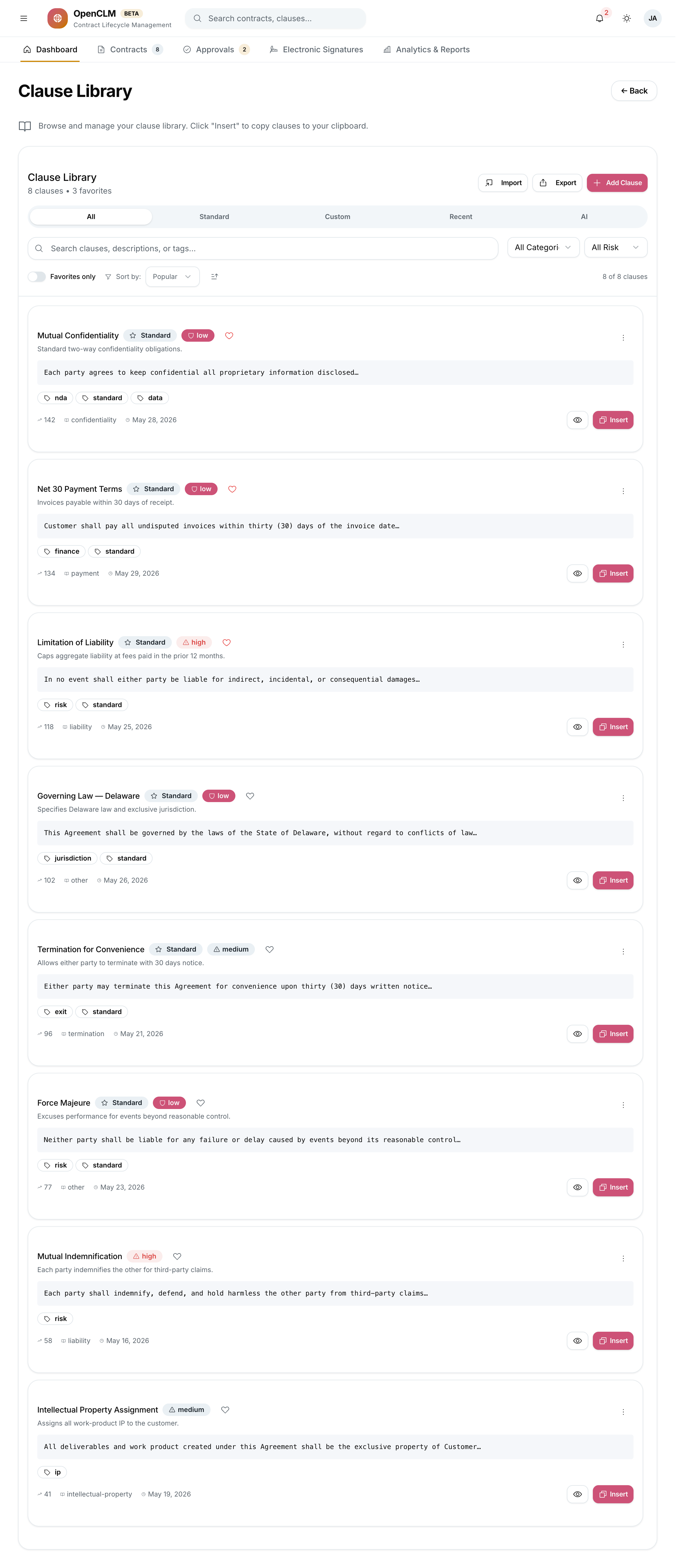 The Clause Library showing reusable, categorised legal clauses with risk and usage metadata