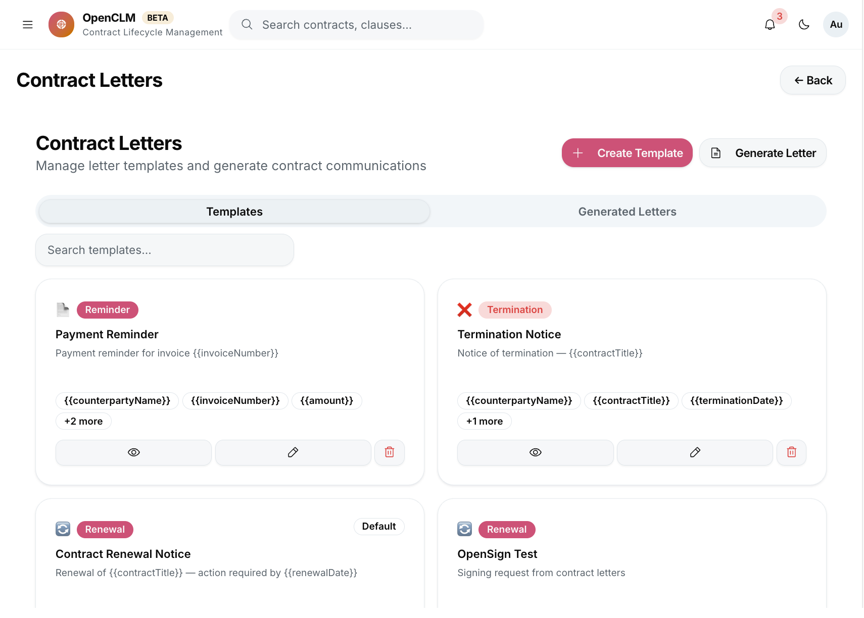 The Contract Letters module showing letter templates and generated correspondence