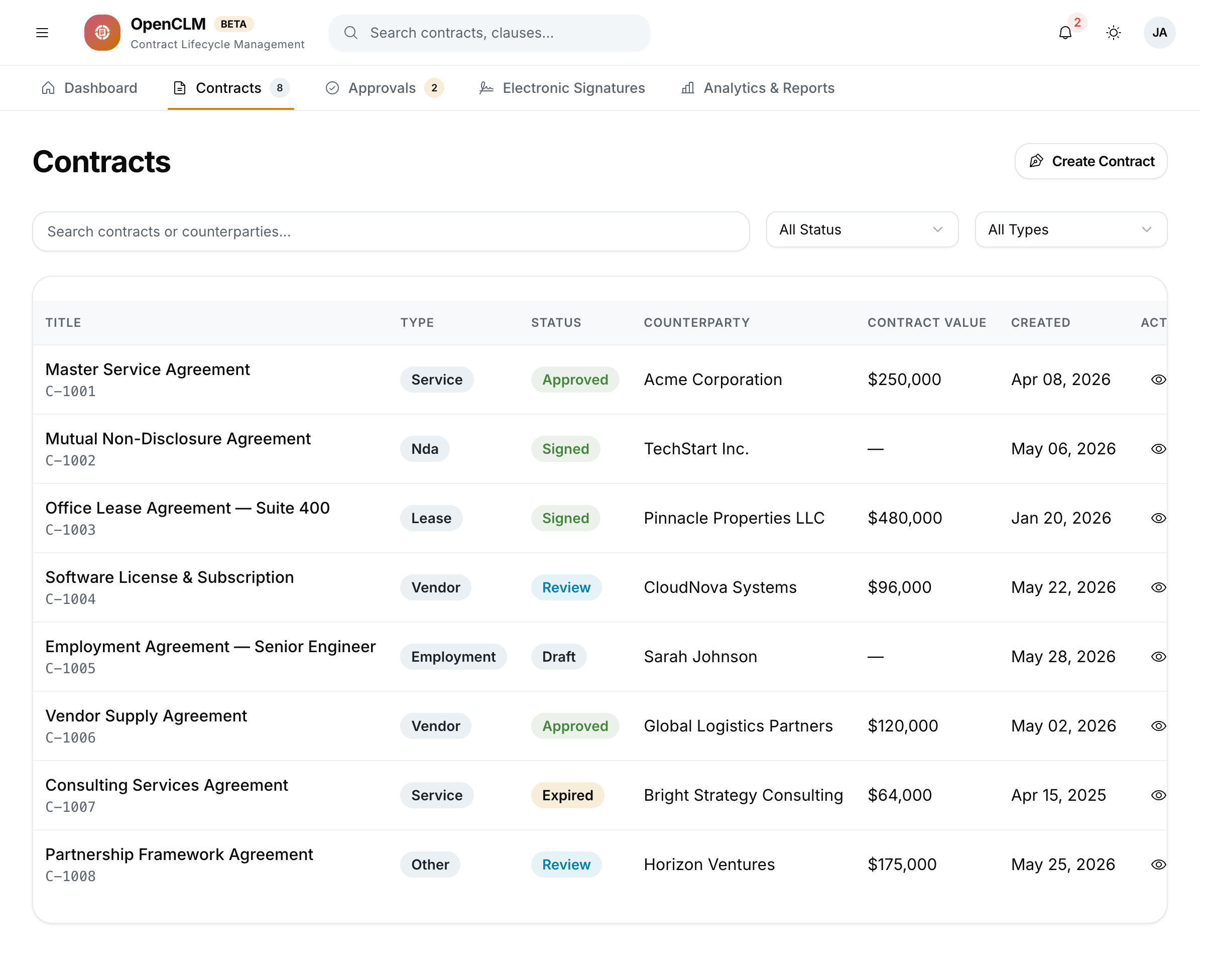 The Contracts repository listing every agreement with status, value, and counterparty