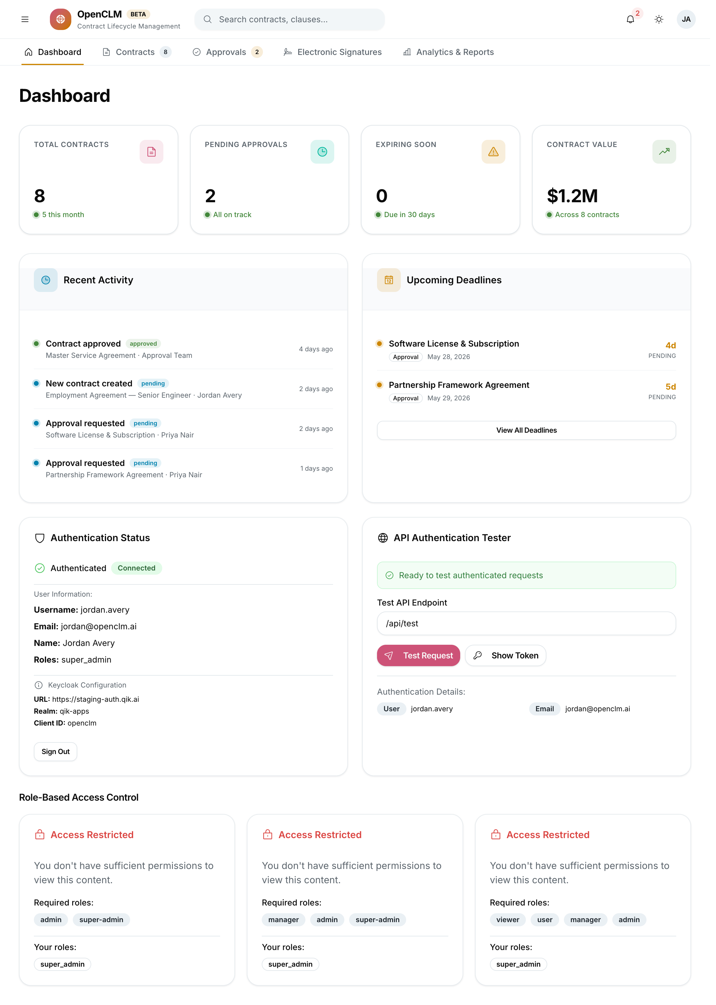 The OpenCLM dashboard showing summary KPI cards, recent activity, and upcoming deadlines