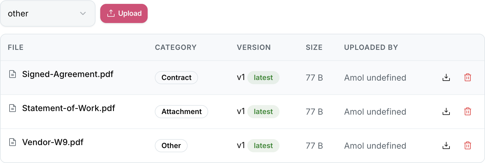 The Document Attachments tab listing files attached to a contract with type, size, and upload metadata
