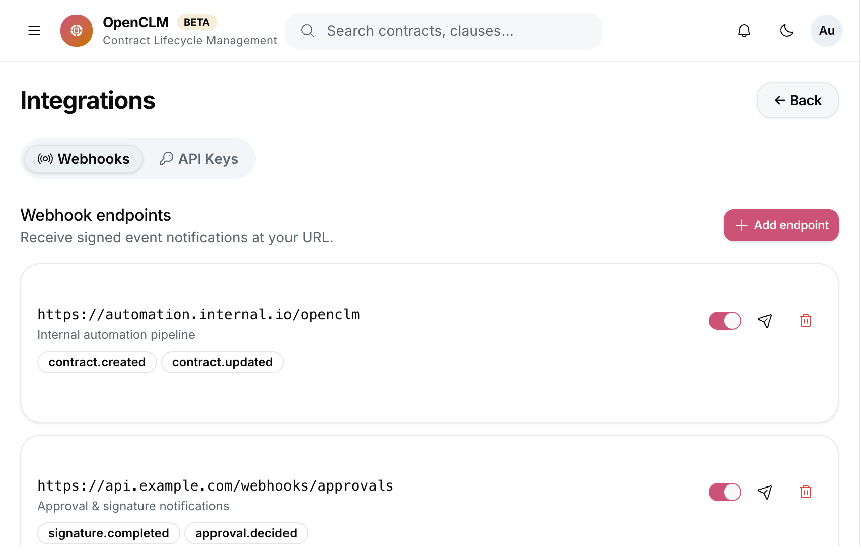 The Integrations manager showing configured webhook endpoints and subscribed events