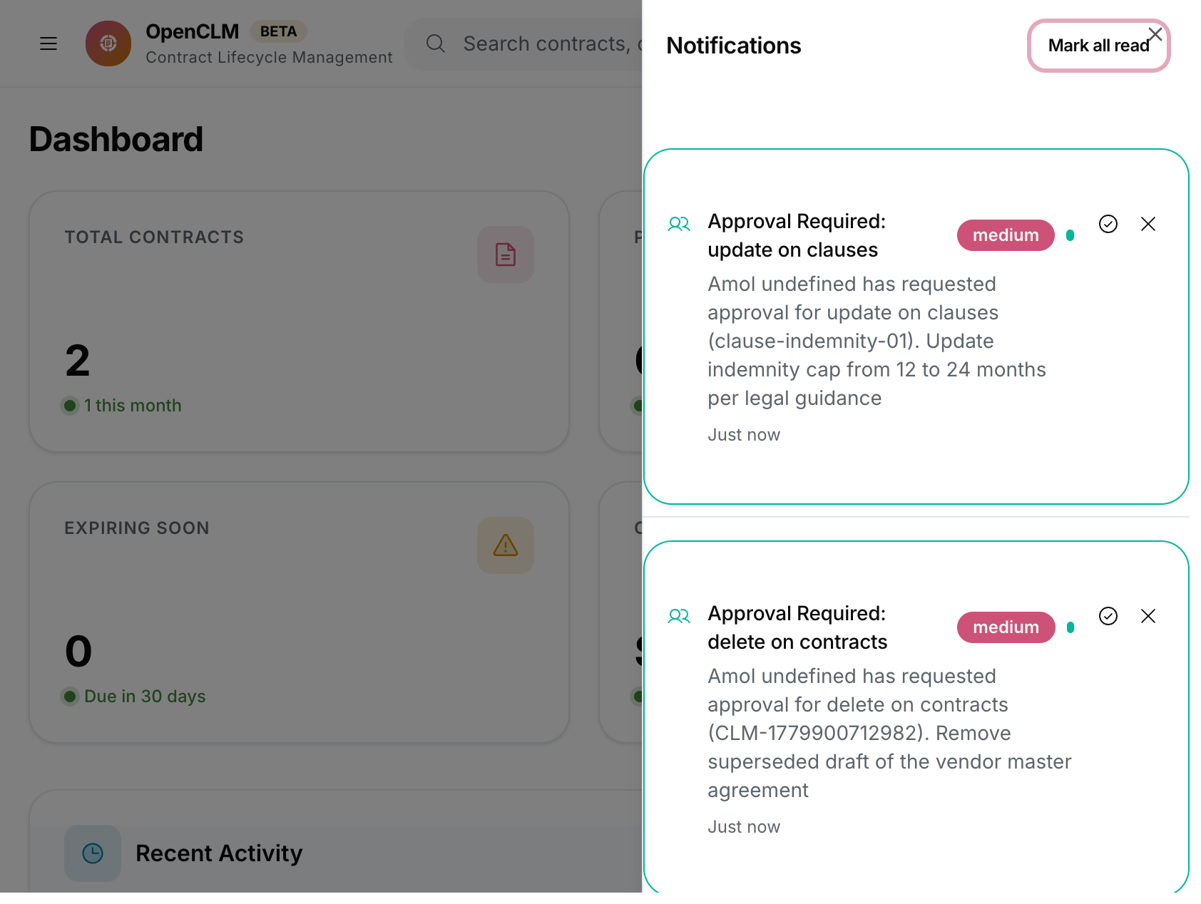 The in-app notification panel showing recent notification cards and a mark-all-read action