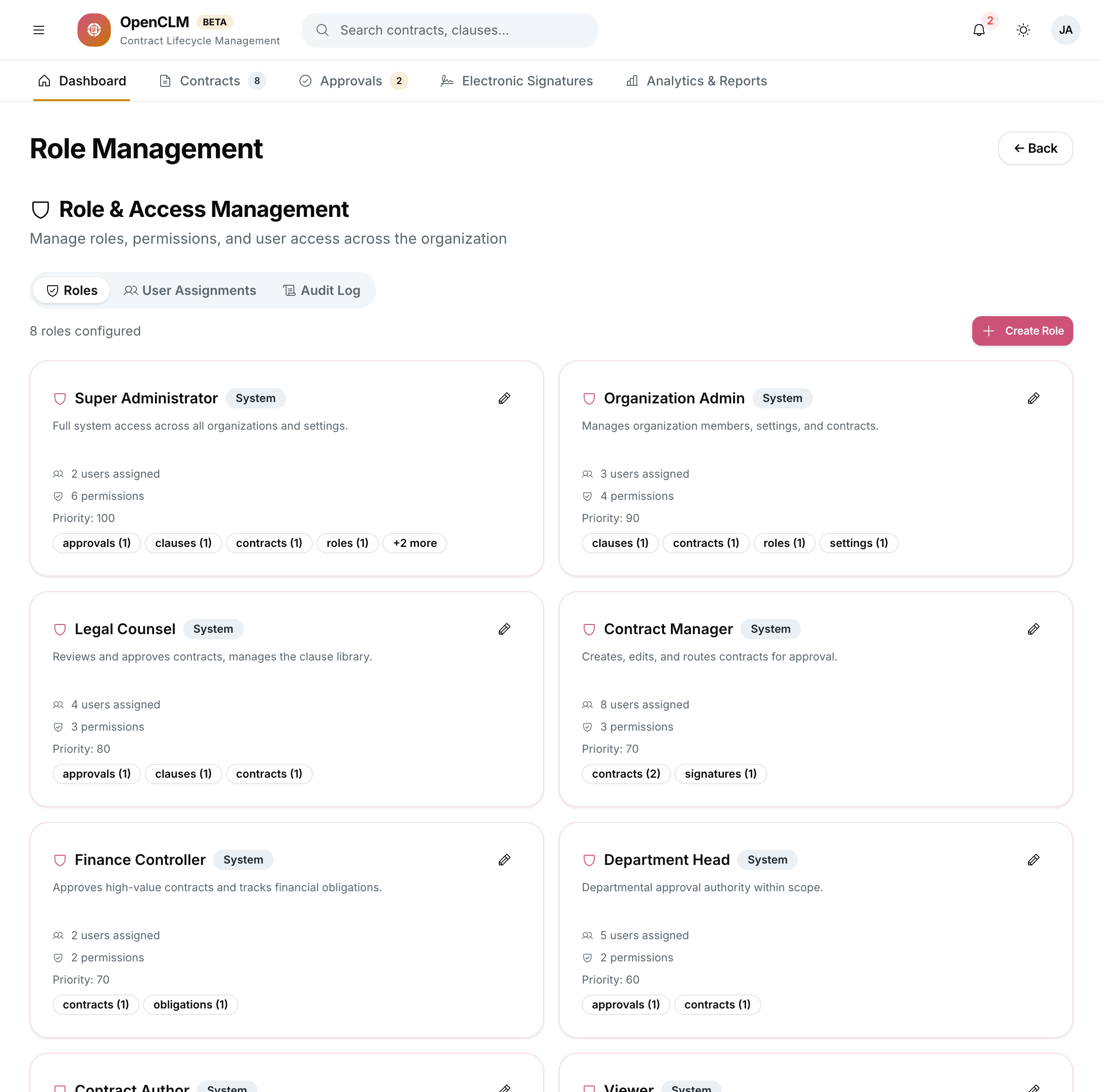 The Roles &amp; Permissions admin view listing built-in RBAC roles and their permission sets