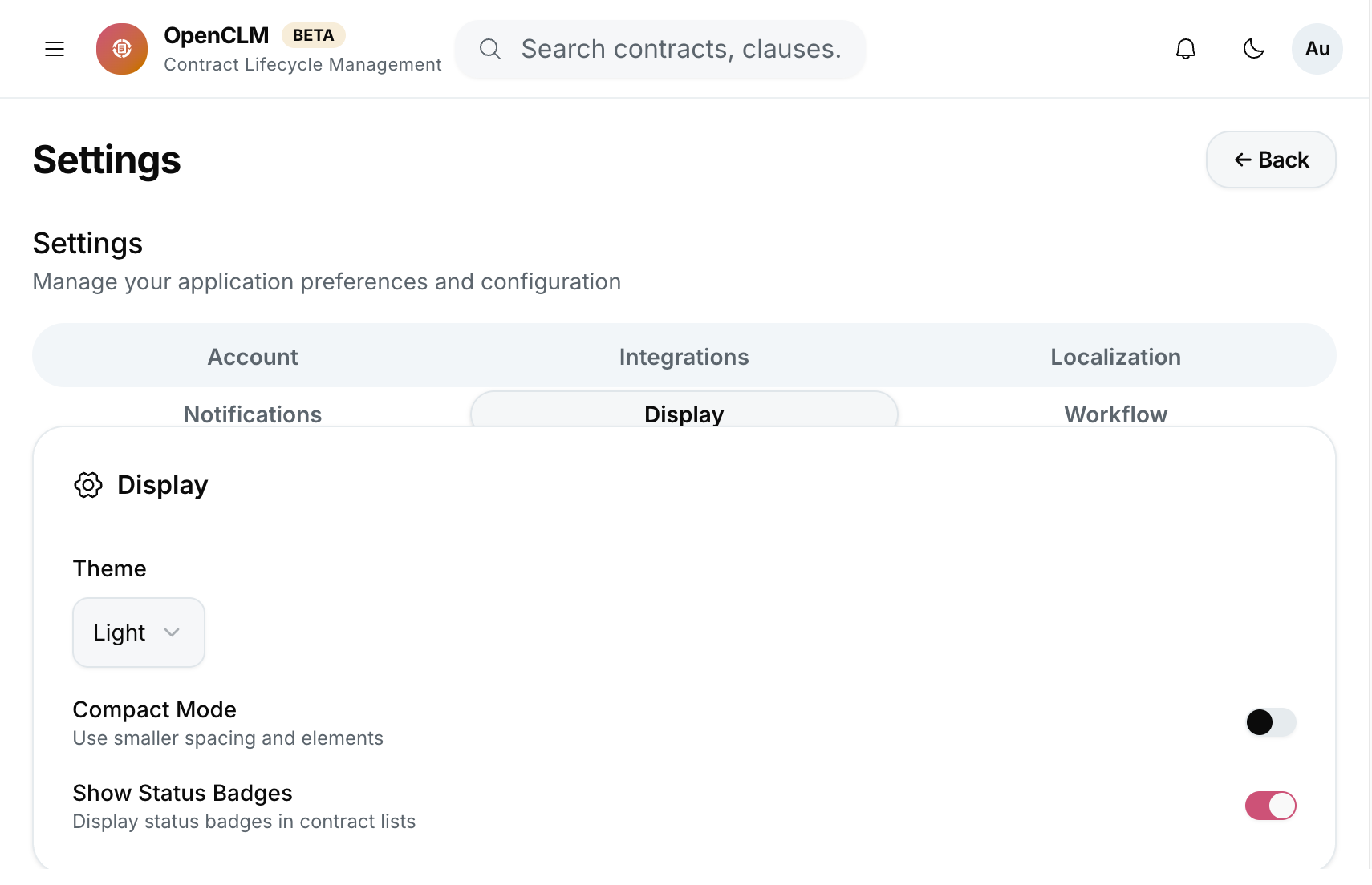 The Settings module with tabs for account, integrations, localisation, notifications, and security