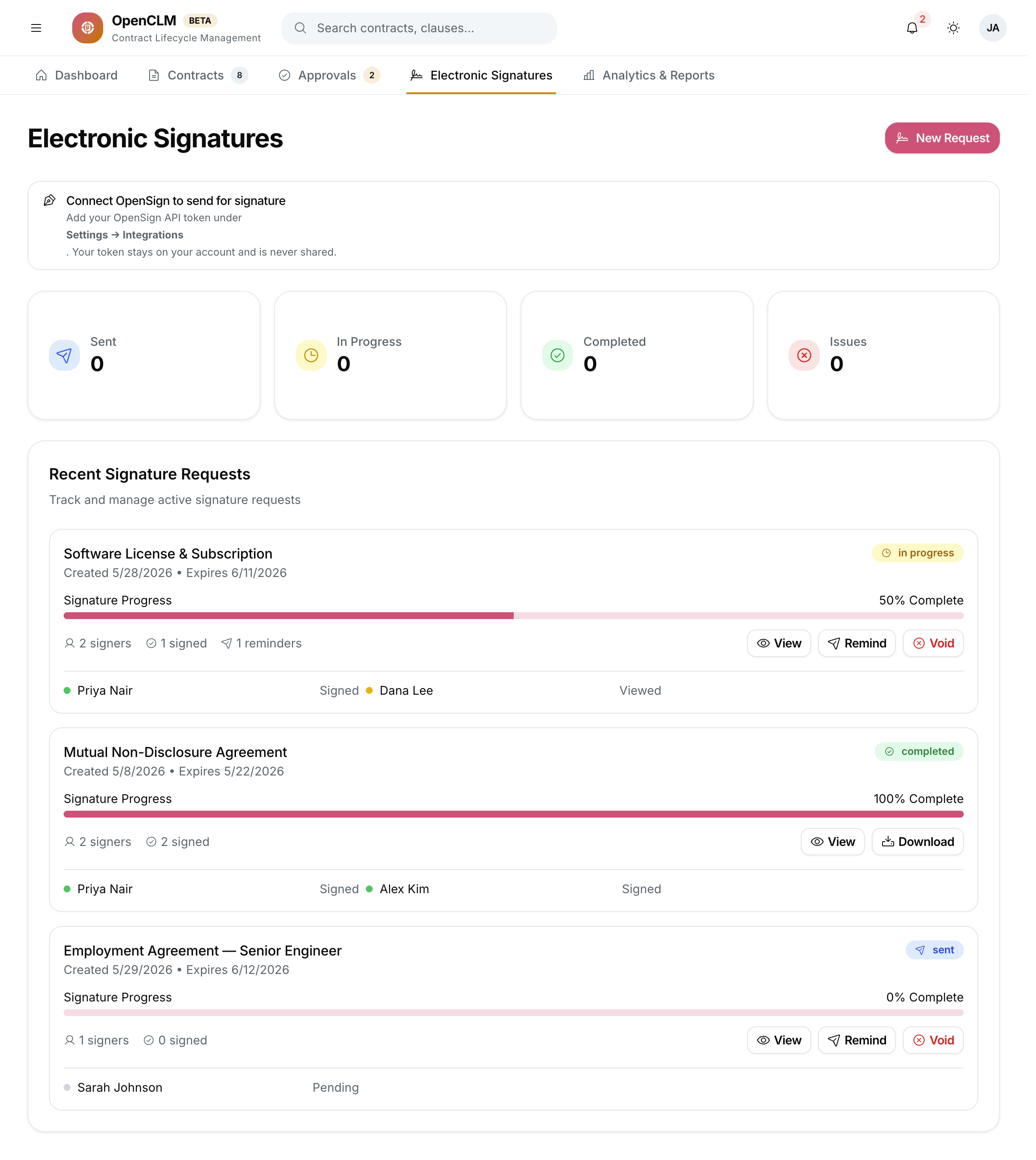 The Electronic Signatures view showing signature request status cards and recent requests