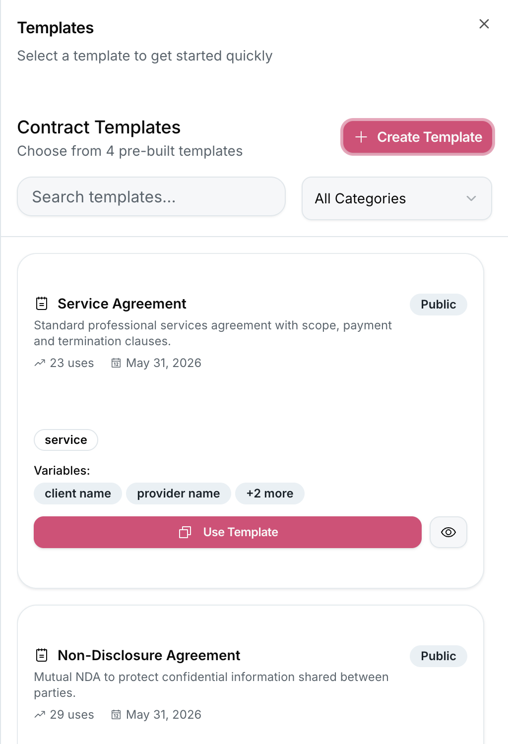 The Templates module showing reusable contract templates with their type and metadata