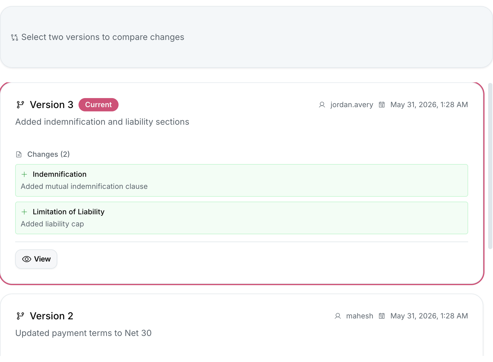 The Version History tab showing chronological contract version snapshots with author and timestamp